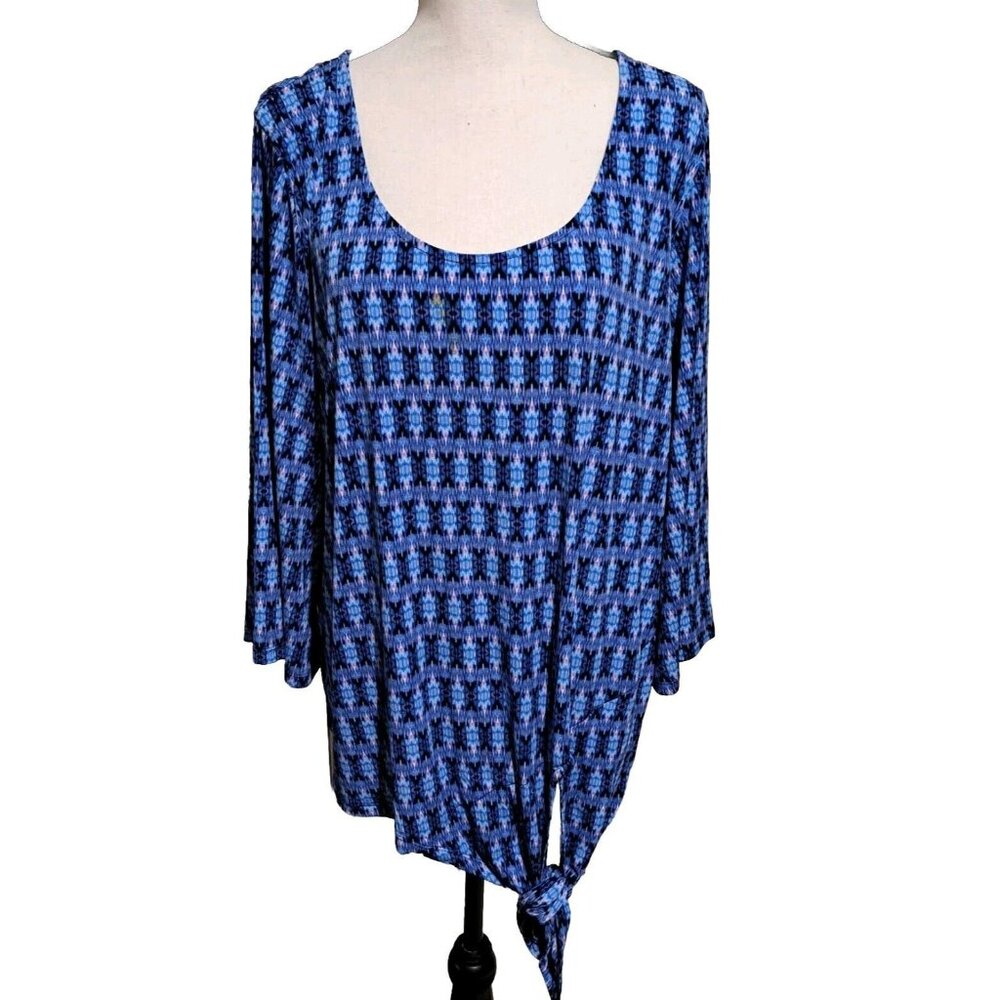 Rafaella 1X Stretch Top Blue Purple Geometric Scoop Neck Front Tie Flared Sleeve